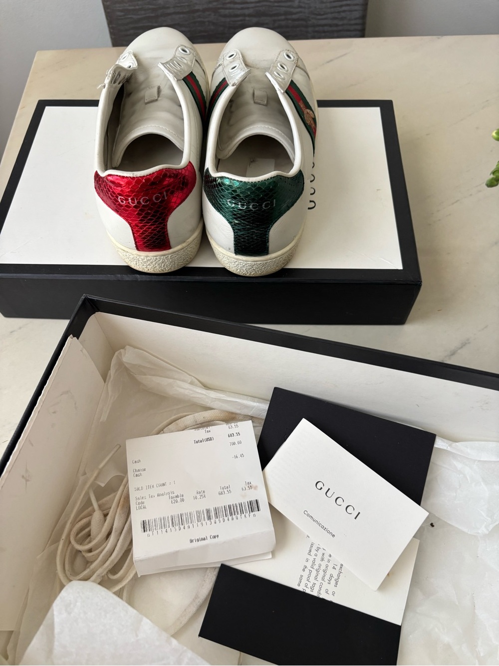 Gucci White Leather Ace Sneakers with Red & Green Web and Bee Embroidery - Picture 2 of 4